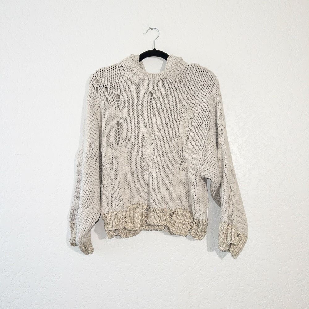 Moth x Anthropologie Gray Distressed Metallic Trim‎ Hooded Sweater Size Small